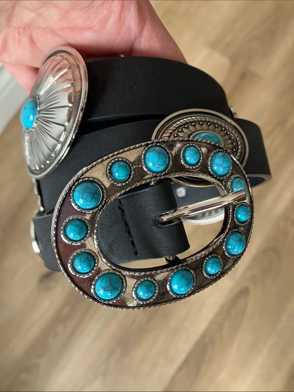 Turquoise Accent Black Women's Belt with Decorative Buckle L/XL